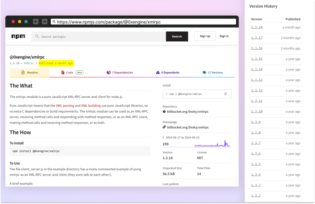malicious package “@0xengine/xmlrpc” screenshot in NPM registry 